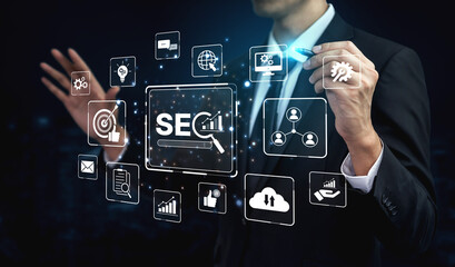 SEO concept for improving SEO visibility, with SEO related digital tools and SEO performance icons...