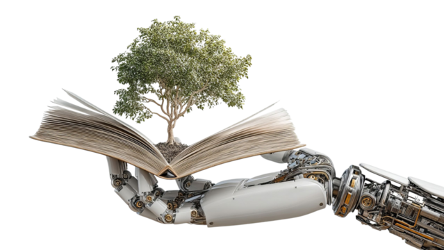 PNG of A futuristic robotic hand cradles an open book, with a tree emerging from its pages, symbolizing knowledge and growth.