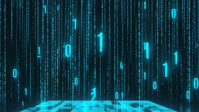 Digital rain of binary code in neon blue