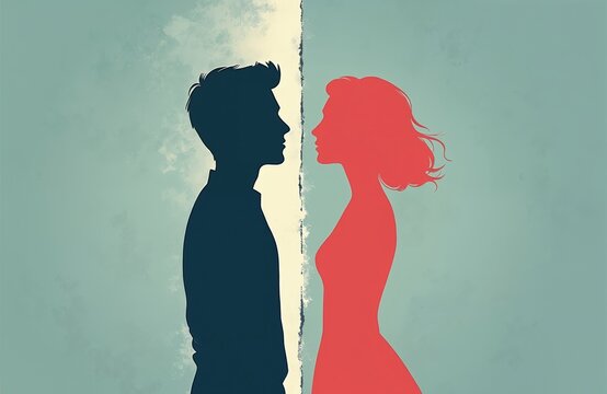 Man and woman silhouetted facing away from each other, split by a line. Relationship breakdown concept, communication gap, conflict, or divorce. Sadness, distance, indifference.