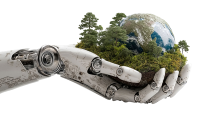 PNG of A futuristic robotic hand gently holds a small Earth surrounded by lush greenery, symbolizing technology and nature harmony.