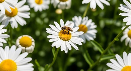 Obraz premium Bee collecting pollen from a daisy flower in a field of daisies