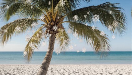 Obraz premium Tropical Christmas - Palm tree decorated with snowflakes on a white sand beach.