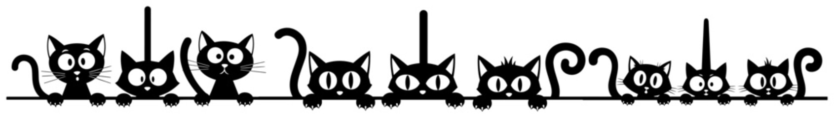 Row of cartoon cats border – playful feline silhouettes pattern divider, cute vector illustration © Luka