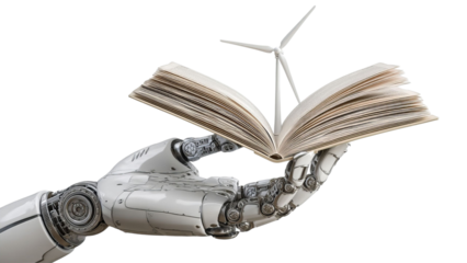 PNG of A futuristic robotic hand holding an open book with a small wind turbine emerging from it, symbolizing knowledge and sustainability.