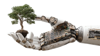 PNG of A futuristic robotic hand gently cradles a small tree, symbolizing the harmony between technology and nature.
