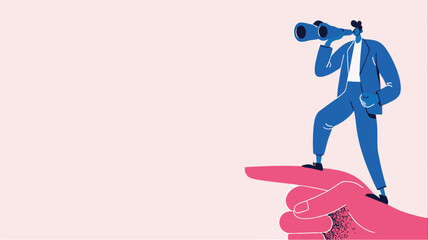 Abstract character standing on pointing hand looking through telescope symbolizing vision, leadership, and future opportunities