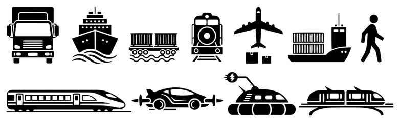 Transportation icon set – truck, ship, train, airplane, car and more, bold vector pictogram collection