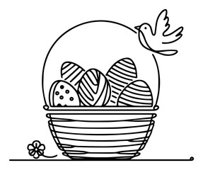 Easter eggs basket continuous line art – minimalist spring holiday vector illustration with bird