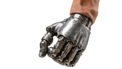 PNG of An intricate robotic hand, showcasing advanced technology and metallic design, gripping firmly with a human-like pose.