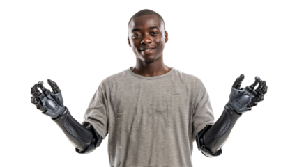 PNG of Young Black male with advanced prosthetic arms, showcasing a confident smile and open hand gestures.