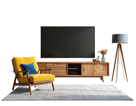3d render of a living room,lcd televizyon ve sehpası sarı bir sandalye ve ayaklı gece lambası 