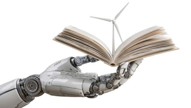 PNG of A futuristic robotic hand holding an open book with a small wind turbine emerging from it, symbolizing knowledge and sustainability.