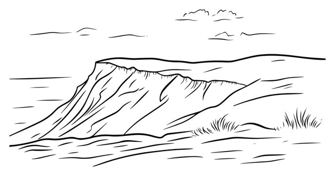 Rocky sea cliff sketch – hand‑drawn coastal headland with ocean waves, minimalist line art landscape vector illustration