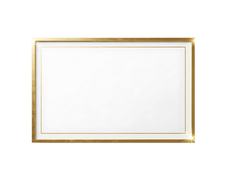A simple rectangular golden picture frame with a white blank space for your image or text isolated on transparent background