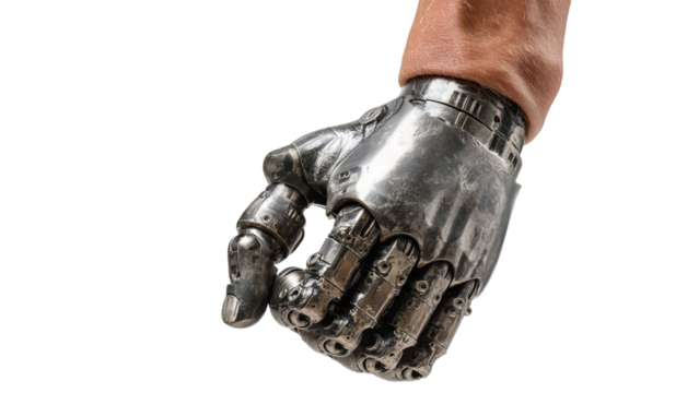 PNG of An intricate robotic hand, showcasing advanced technology and metallic design, gripping firmly with a human-like pose.
