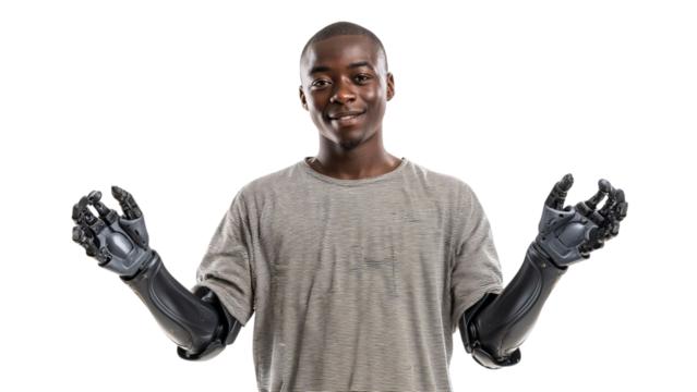 PNG of Young Black male with advanced prosthetic arms, showcasing a confident smile and open hand gestures.
