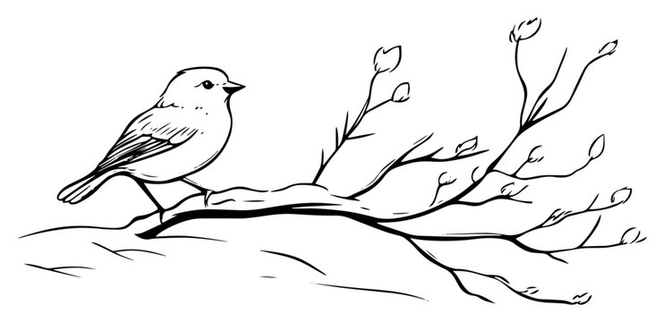 Small bird on spring twig sketch &ndash; delicate hand‑drawn vector illustration of songbird perched on branch