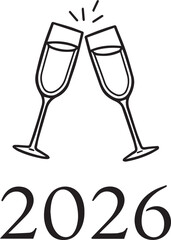Champagne Glasses and 2026 Typography Minimal Black Vector Greeting