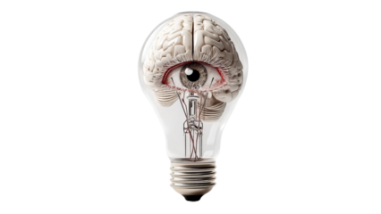 PNG of A surreal fusion of a human brain and an eye inside a light bulb, representing creativity and innovation.