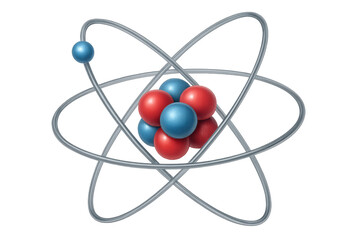 Atom model displaying red and blue spheres forming a nucleus with electrons orbiting on a transparent background