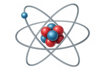 Atom model displaying red and blue spheres forming a nucleus with electrons orbiting on a transparent background