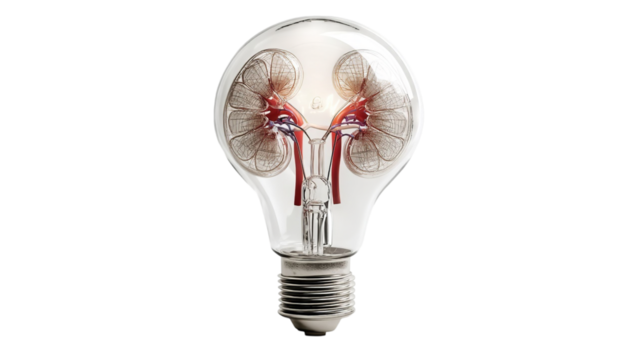 PNG of A creative fusion of a light bulb and human kidneys, symbolizing innovation and health.