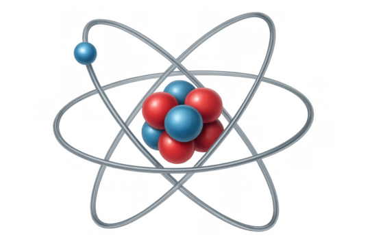 Atom model displaying red and blue spheres forming a nucleus with electrons orbiting on a transparent background