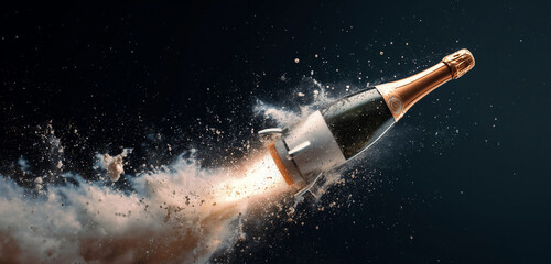 Champagne bottle turning into rocket launch New Year party
