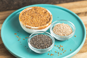 Small Bowls with Flax, Chia, and Sesame Seeds