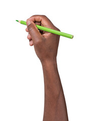 Man writing or drawing with a green pencil isolated on white or transparent background