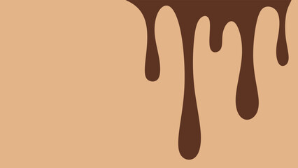 Melted chocolate or syrup drops isolated on brown background. Flowing liquid chocolate border element. A sweet brown syrup or sauce that melts and drips.