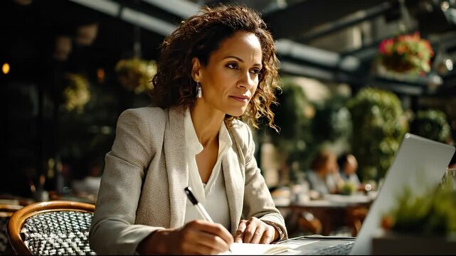 A woman in a light blazer writes intently in her notebook at a café table. The café setting features lush greenery, emphasizing the woman's dedication to work and creativity.