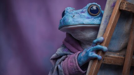 A blue tree frog wearing a purple robe climbs a wooden ladder. The background is softly blurred with purple hues, creating a whimsical atmosphere.