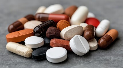 Variety of colorful pills and capsules on textured surface displayed randomly