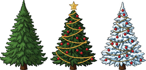 Three Christmas Trees Vector Set: Plain Evergreen, Decorated Holiday Tree with Star and Ornaments, and Snowy Winter Season Fir for Festive Design.