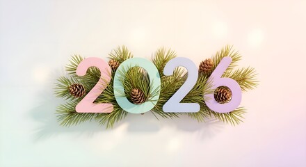 Soft pastel 2026 with pine branches and cones, minimalist composition for wellness and spa branding