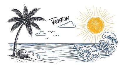 A charming hand-drawn tropical beach scene with a bright sun, ocean waves, and a palm tree, embodying a perfect vacation escape