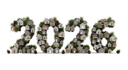 2026 numbers built from 3D house shapes with pine cones and branches, symbol of home and stability