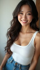 Fototapeta premium Attractive Asian woman posing. Smiling female wearing white top and denim shorts. Beauty portrait shows young adult with long dark hair. Beautiful girl with perfect skin and makeup in studio.