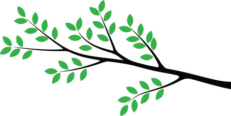 Vibrant green leaves on a dark tree branch, simple stylized illustration, nature, ecology, spring, organic, growth, fresh, beautiful, minimalist, decorative design element, isolated white background