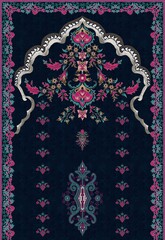 Traditional Paisley and Floral Textile Design with Ornamental Arch on Navy Background