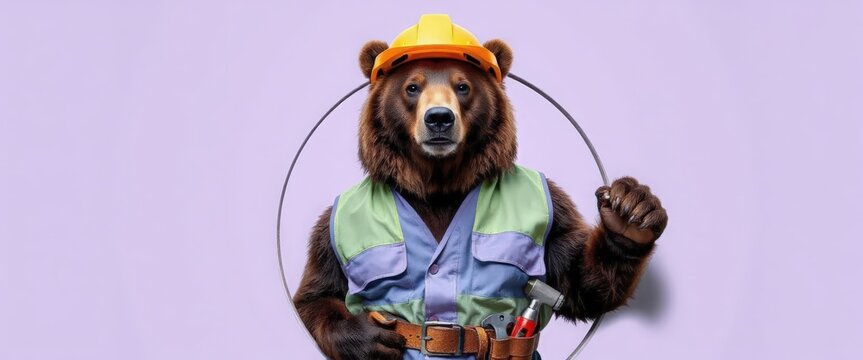 A bear wearing a yellow hard hat and a green vest stands confidently. Tools are visible in its vest, set against a light purple background.
