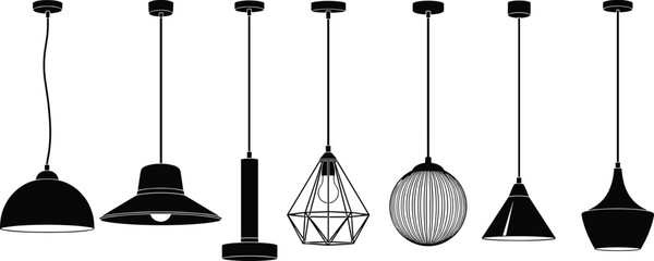 Set of Seven Modern Pendant Lamp Silhouettes Vector Collection, Contemporary Hanging Ceiling Lights for Home Interior, Office, and Architectural Design