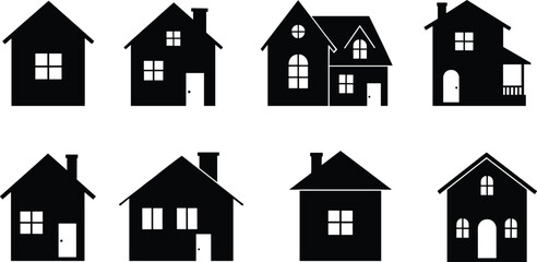 Extensive Black House Silhouette Icon Set, Diverse Residential Building Symbols, Minimalist Home Collection, Real Estate, Property, Vector Graphics, Website UI Elements