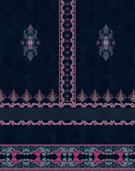 Ornamental Floral Textile Design with Symmetrical Borders on Navy Background