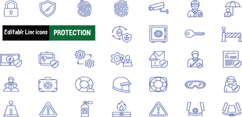 A comprehensive set of blue line icons representing concepts of safety, security, and protection, including digital privacy, physical defense, and emergency response