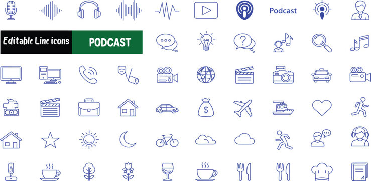 Podcast Icon Set Editable Line Icons for Audio, Video, and Content Creation
