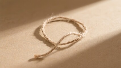 A simple loop of twisted string lies on a sheet of textured paper. Soft sunlight casts gentle shadows, creating a calm and peaceful aura in the setting