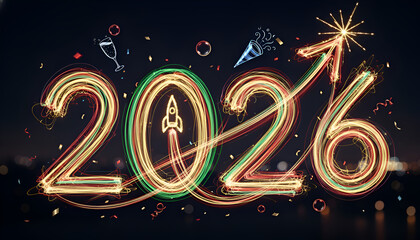 2026 numbers made from light trails, symbolizing innovation and fast growth